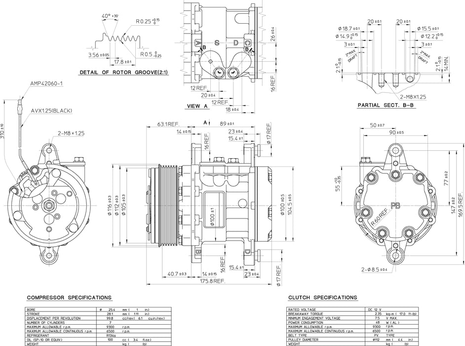 A/C Compressor w/Clutch for Sanden 7176 - 6GR SD7B10 Swing Mount - NEW OEM